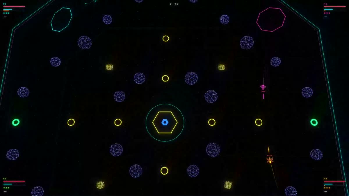 The whole arena: octagon border, boost pads, weapon crates and asteroid lanes