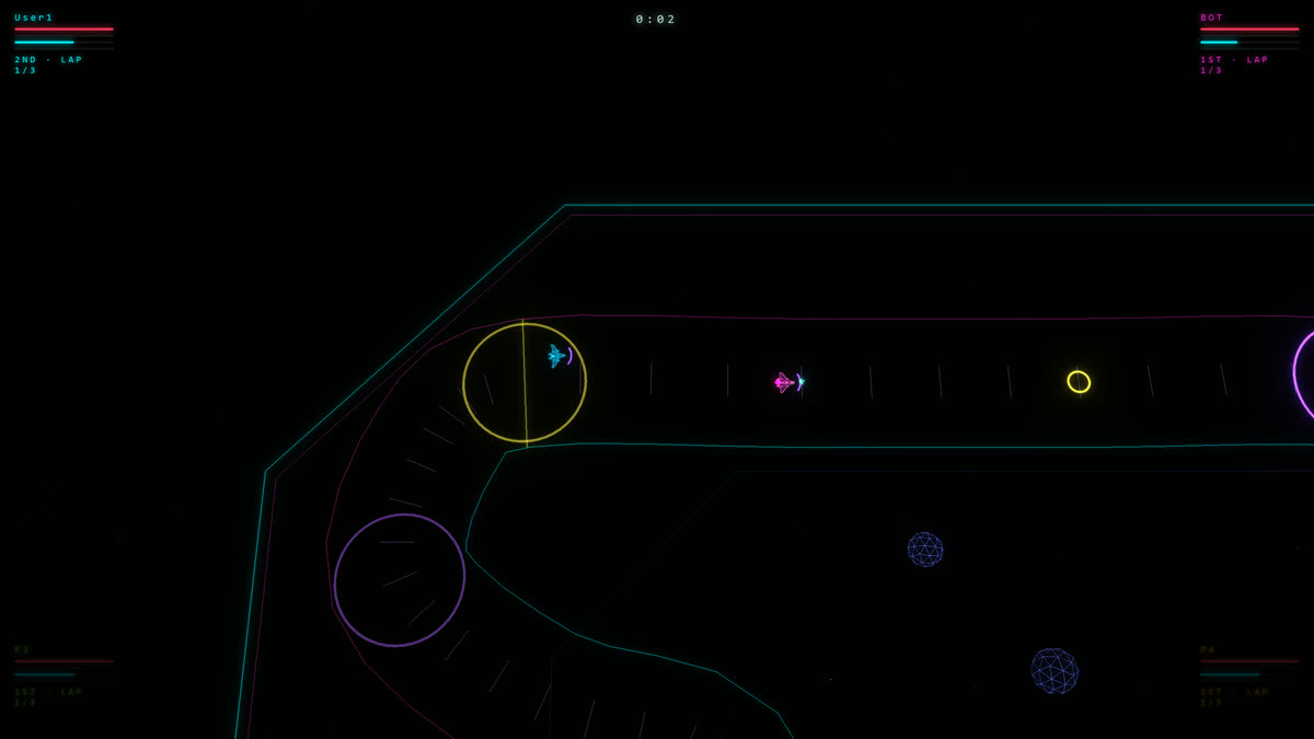 Two ships crossing the start line of a neon race circuit, checkpoint portals ahead