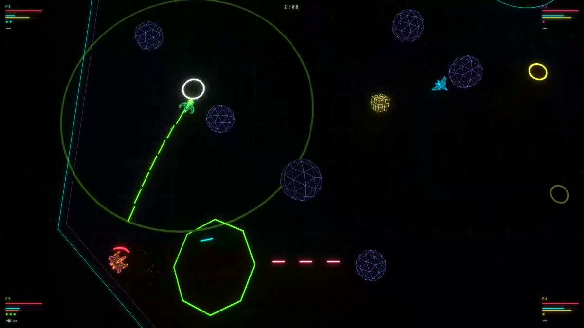A lime ship charging the tractor beam while a railgun bolt crosses the arena